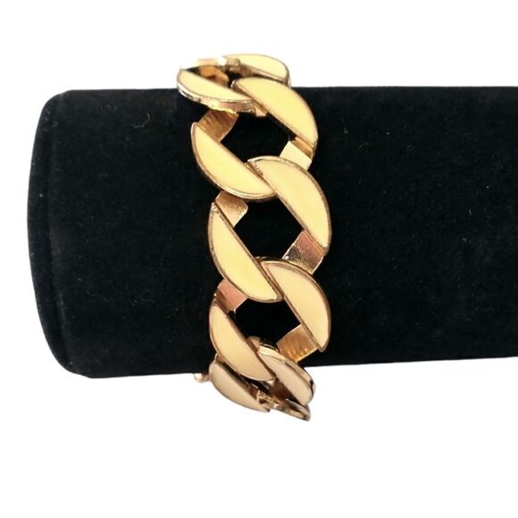 Vtg Enameled Bracelet Chunky Flat Chain Link Gold Tone Ivory Statement Classic. - Picture 10 of 16